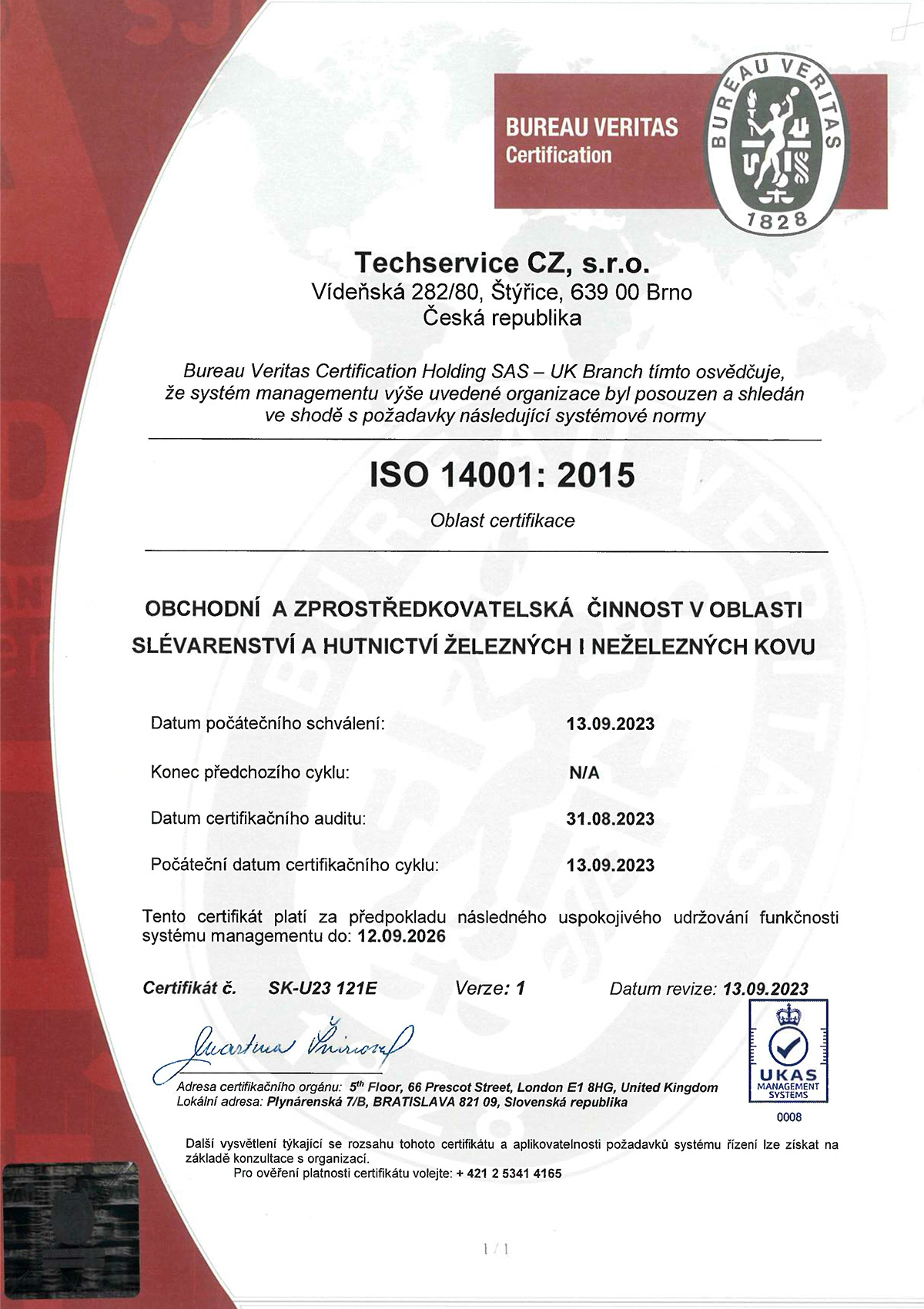 Certifikaty Techservice CZ EMS 14001 1