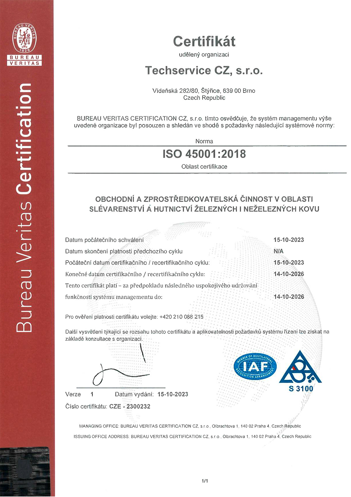 Certifikaty Techservice CZ HSMS 45001 1