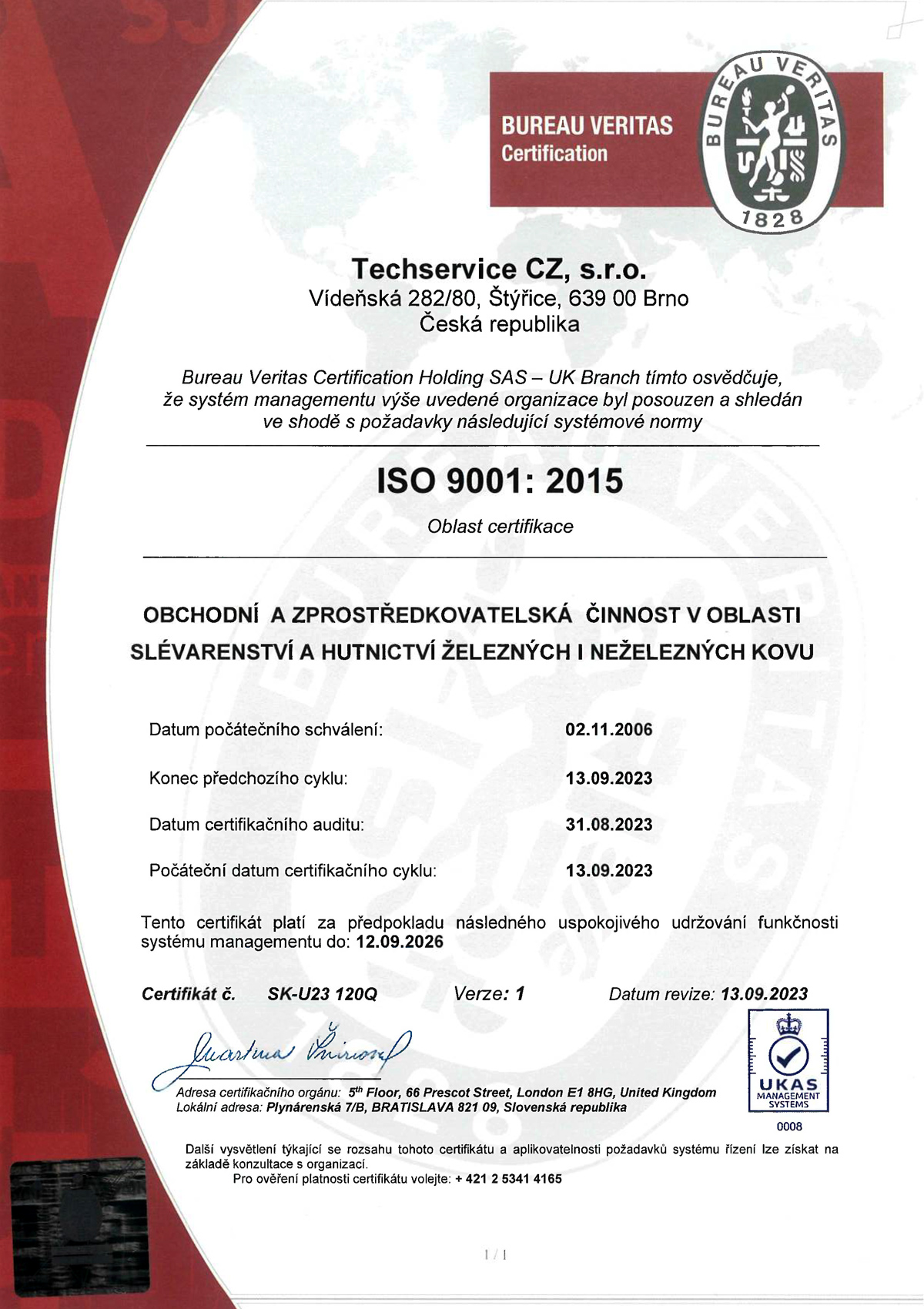 Certifikaty Techservice CZ QMS 9001 1