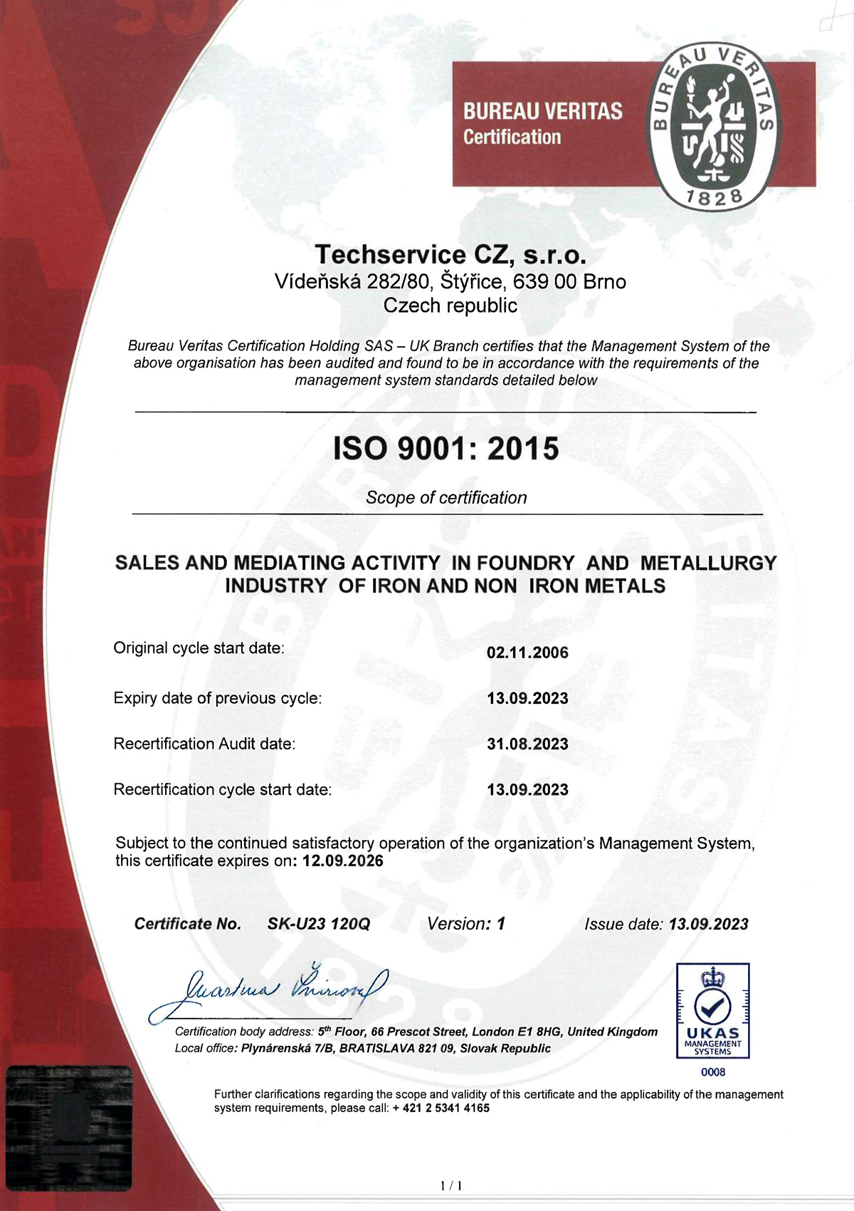 Certifikaty Techservice CZ QMS 9001 1